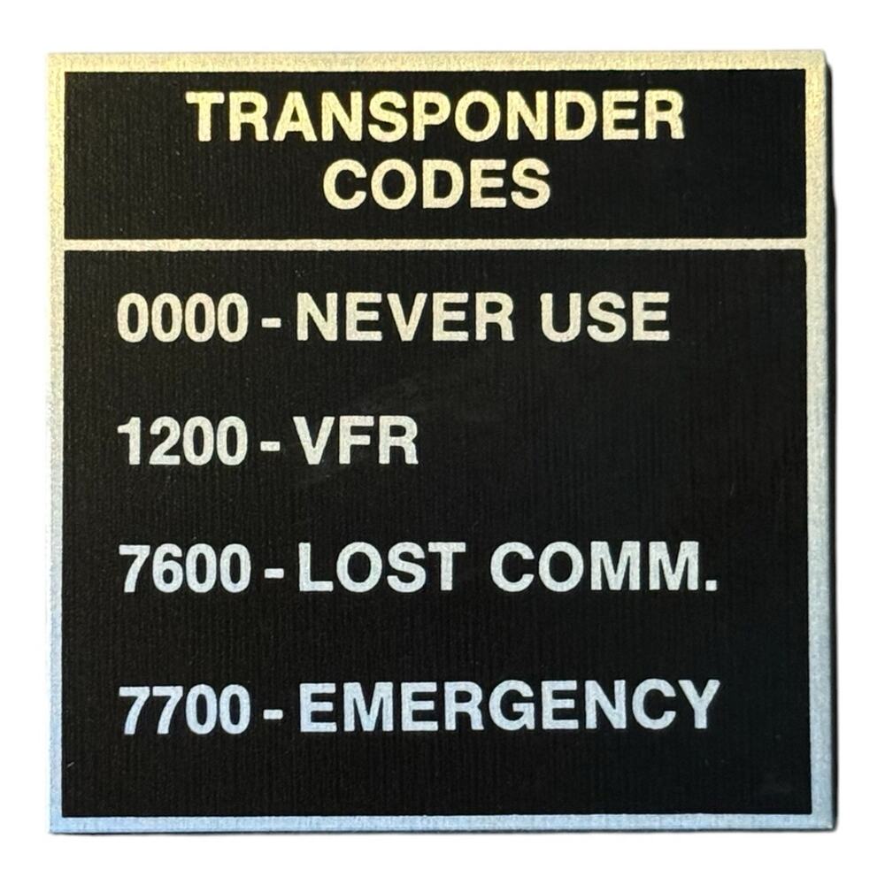Aircraft Transponder Codes Placard 1200 VFR 7600 Lost Comm 7700 Emergency Magnet